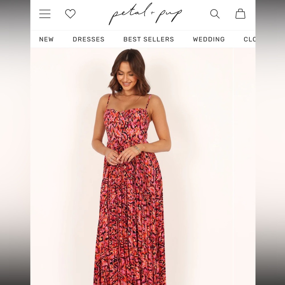 Pink design wedding guest dress. Dress details from website listed in photos.